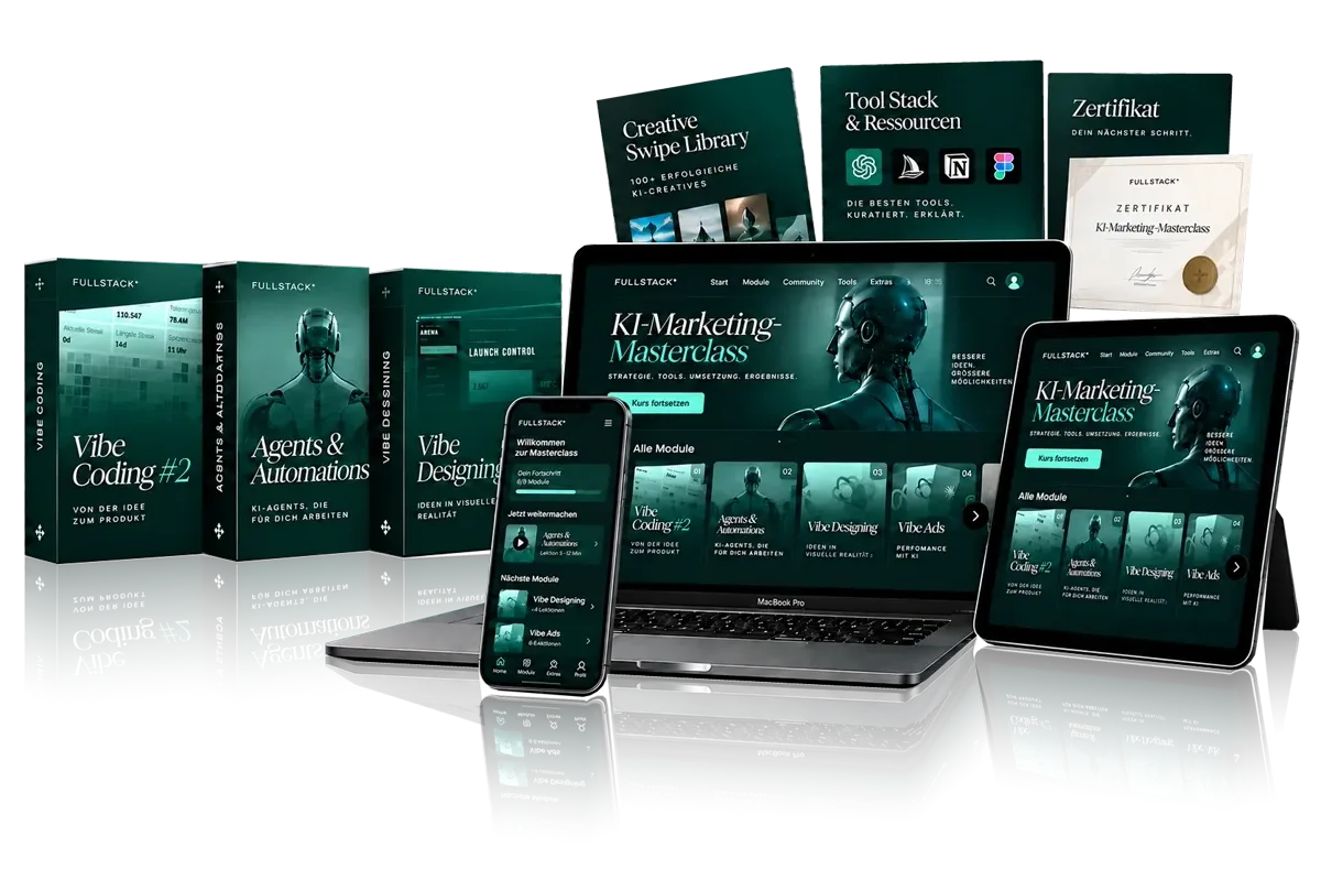 KI-Marketing-Masterclass auf Laptop, Tablet und Smartphone